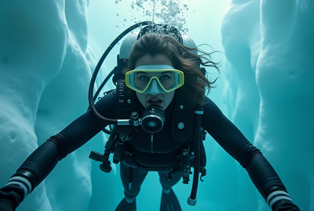 Sexy scuba diver girl wearing heavy scuba gear and fins trapped under the ice in Antarctica and surprised  looking  her scuba buddy  because she runned out of air and in her panic because she cant breathe trying to go the  surface but her scuba buddy hold her downSolo, 