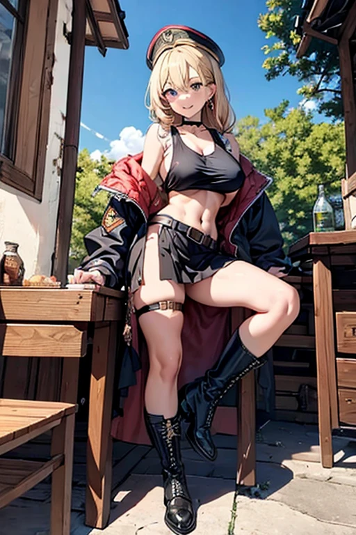 (masterpiece:1.2), (Military uniform magazine cover:1.4),best quality,PIXIV,Sweet girl , sexy posture,1girl, (perky chest:1.2), rolling upskirt by wind:1.6, (with sparkling eyes and a contagious smile),open mouth, (pointed chest:1.2),fishnets, black hair, boots, long hair, black nails, skirt, shirt, black footwear, bag, black skirt, jewelry, jacket,  thigh strap, bangs, necktie, earrings, nail polish, multicolored hair, looking at viewer, full body, bottle, own hands together, belt, jacket on shoulders, food, cats on head, ring, choker, english text, collared shirt, blue eyes, hat, lace-up boots ,masterpiece、highest quality、Very detailed、An illustration、Beautiful fine details、One Girl、cute、Detailed landscape、Training Room Background:1.4、Platinum Blonde Hair、Braided Ponytail、Red camisole、((c cup breasts, Tank top showing underboob:1.4))
