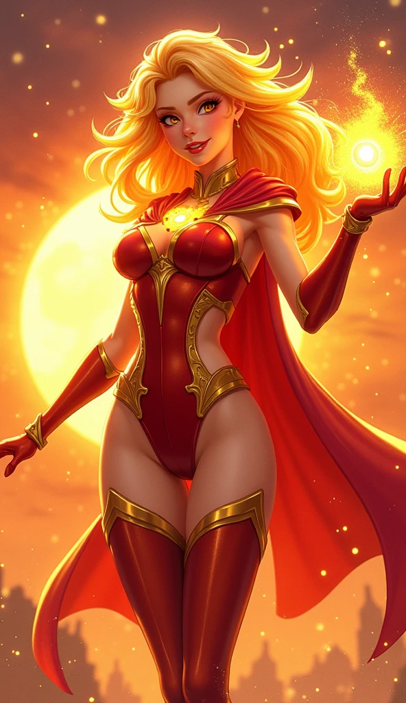masterpiece, high quality, solo focus, (perfect face: 1.1), (high detail: 1.1), dramatic, dynamic pose, 1 girl, small breasts, blonde hair, green eyes, solo, neckline, long hair, curves, see -through, dress, thick thighs, navel showing, red dress, bare shoulders, wide hips, lips, cape, castle, night, moon, detailed background, artgerm art, cinematic lighting,