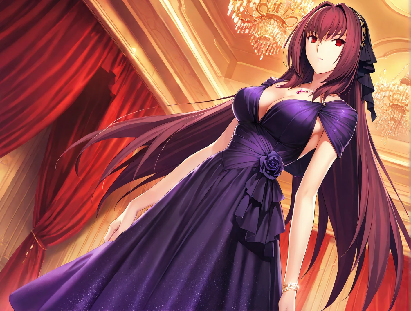 high resolution, masterpiece, necessary, detail, best quality, quality, necessary, tall details, High details, Precise, general plan

ballroom, gala hall, chandelier, red curtains
 
1girl, alone, linda,  Costume, ufotable style, ufotable anime, 

Scathach, scathach Fate Grand Order, fate,  Fate Grand Order, long hair, red eyes, evening dress, violet dress, dark dress,