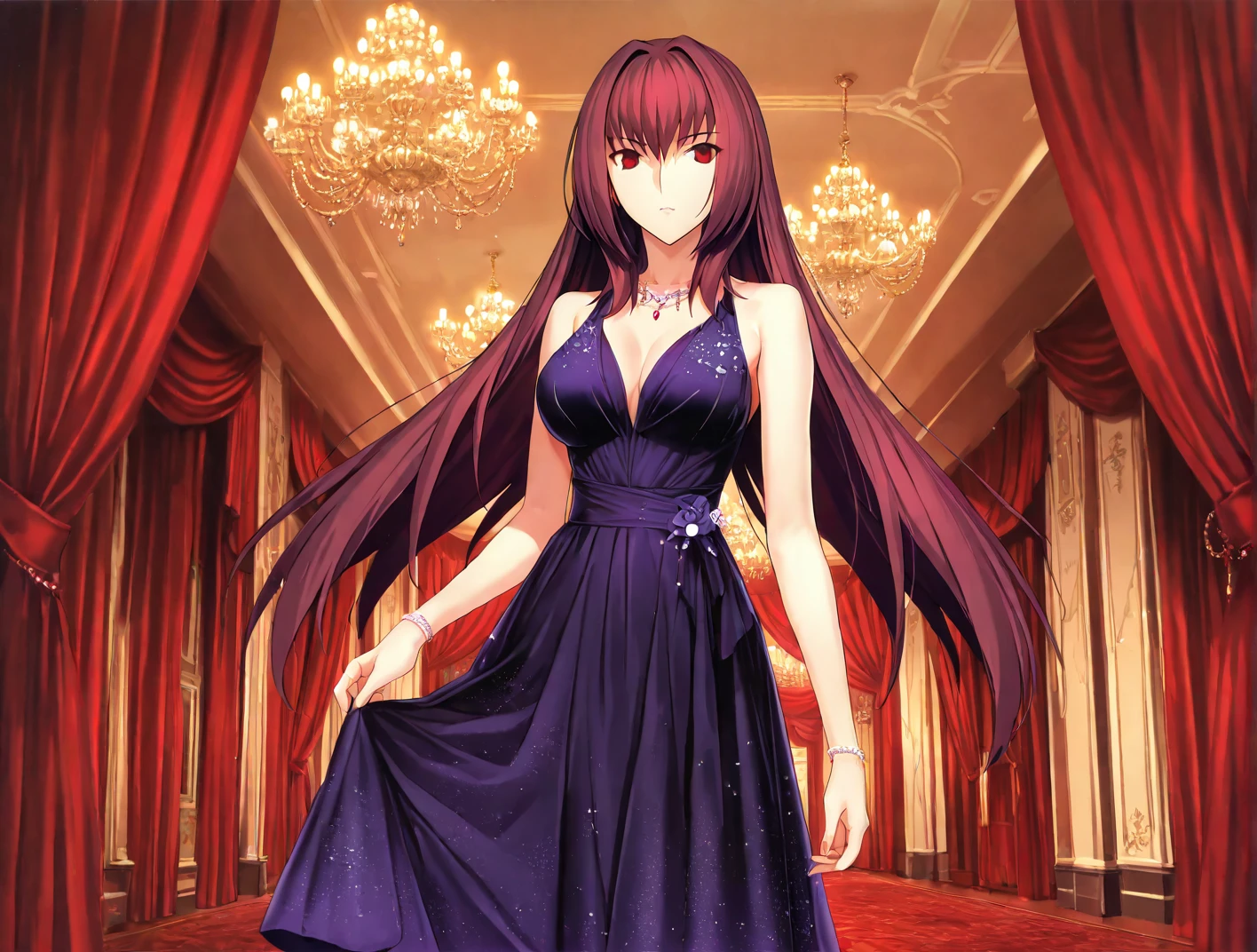 high resolution, masterpiece, necessary, detail, best quality, quality, necessary, tall details, High details, Precise, general plan

ballroom, gala hall, chandelier, red curtains
 
1girl, alone, linda,  Costume, ufotable style, ufotable anime, 

Scathach, scathach Fate Grand Order, fate,  Fate Grand Order, long hair, red eyes, evening dress, violet dress, dark dress,