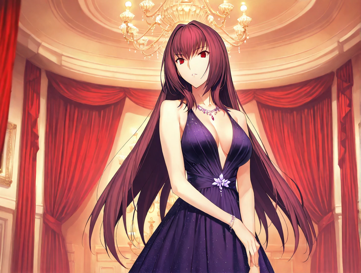 high resolution, masterpiece, necessary, detail, best quality, quality, necessary, tall details, High details, Precise, general plan

ballroom, gala hall, chandelier, red curtains
 
1girl, alone, linda,  Costume, ufotable style, ufotable anime, 

Scathach, scathach Fate Grand Order, fate,  Fate Grand Order, long hair, red eyes, evening dress, violet dress, dark dress,