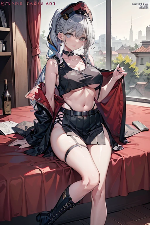 (masterpiece:1.2), (Military uniform magazine cover:1.6),best quality,PIXIV,Sweet girl , sexy posture,1girl, (perky chest:1.2), rolling upskirt by wind:1.6, (with sparkling eyes and a contagious smile),open mouth, (pointed chest:1.2),fishnets, black hair, boots, long hair, black nails, skirt, shirt, black footwear, bag, black skirt, jewelry, jacket,  thigh strap, bangs, necktie, earrings, nail polish, multicolored hair, looking at viewer, full body, bottle, own hands together, belt, jacket on shoulders, food, cats on head, ring, choker, english text, collared shirt, blue eyes, hat, lace-up boots ,masterpiece、highest quality、Very detailed、An illustration、Beautiful fine details、One Girl、cute、Detailed landscape、Training Room Background:1.4、Platinum Blonde Hair、Braided Ponytail、Red camisole、((c cup breasts, Tank top showing underboob:1.4))
