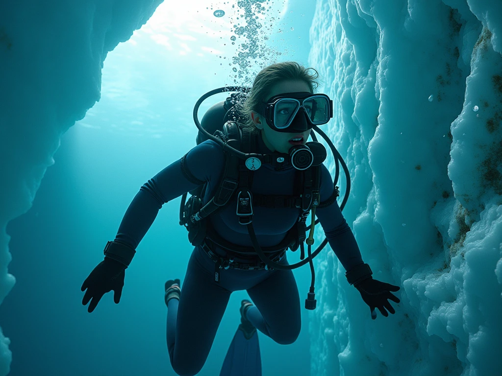 Sexy scuba diver girl wearing heavy scuba gear and fins trapped under the ice in Antarctica and surprised  looking  her scuba buddy  because she runned out of air and in her panic because she cant breathe trying to go the  surface but her scuba buddy hold her downSolo, 