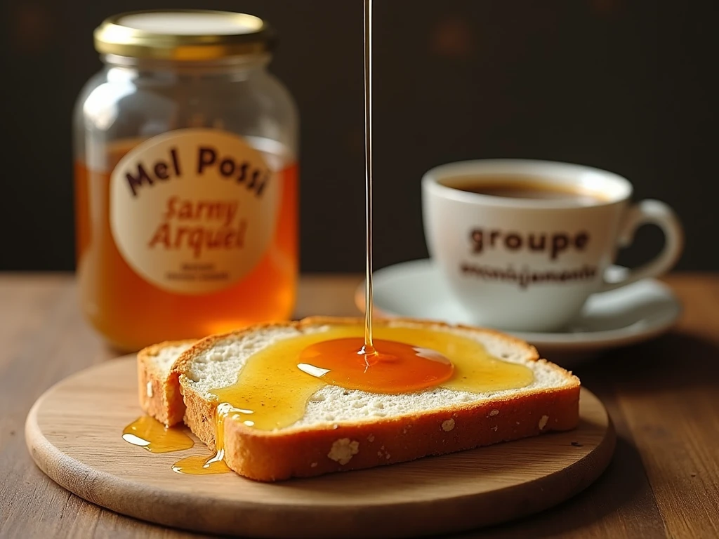 on the table a slice of bread with honey, and in the background the jar of honey, the brand on the label of the jar of honey is "Mel Possi ". and a cup of coffee with milk, and on the cup it says "groupo encorajamento". realistic image, 8k