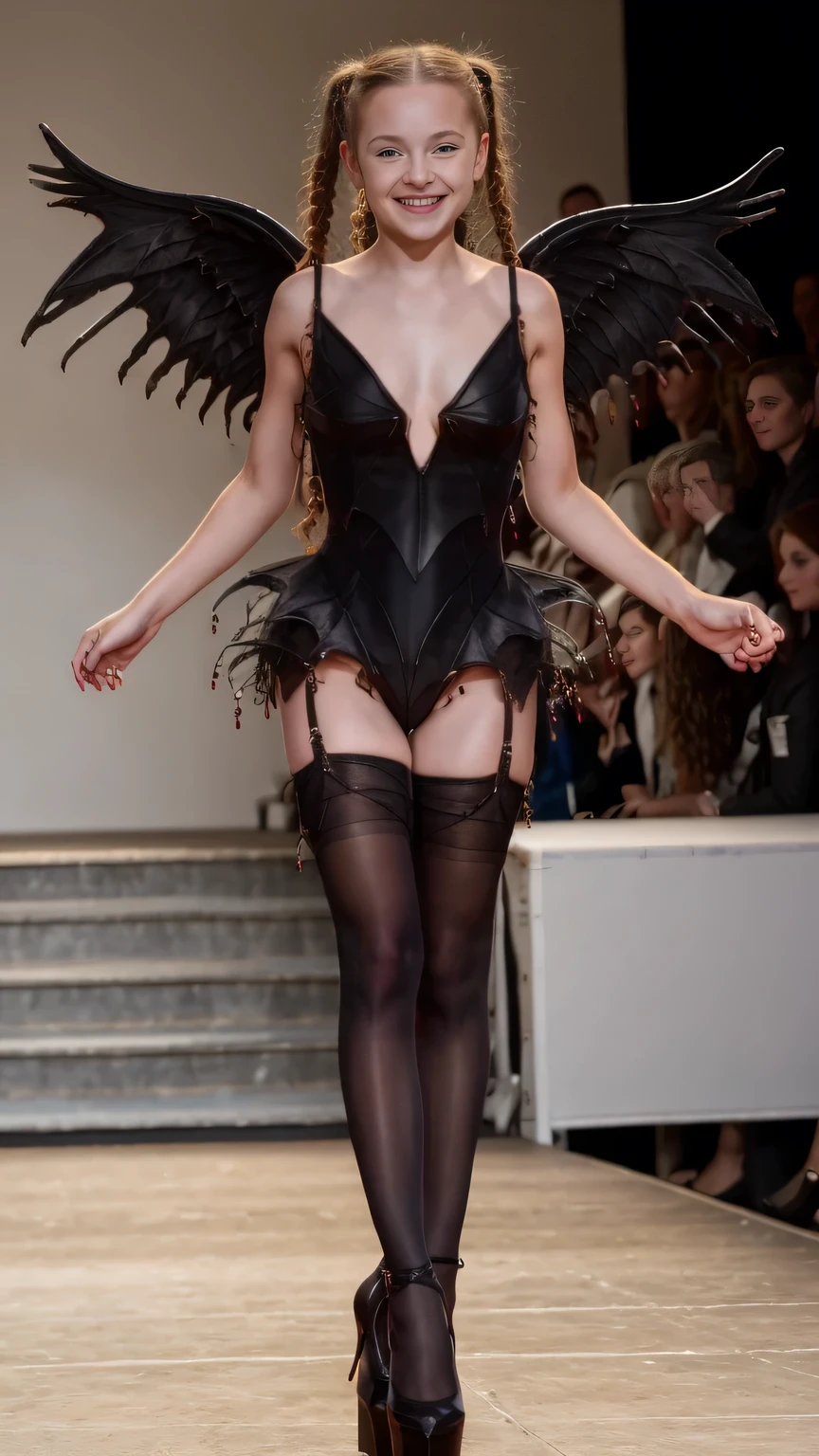 ***************ite , nude, long curly hair, gothic scarlet hair, pigtail, standing, pussy, platform high heels, at fashion show, smiling, stunning, awful, attractive, pantyhose, Bondage, black angel wings
