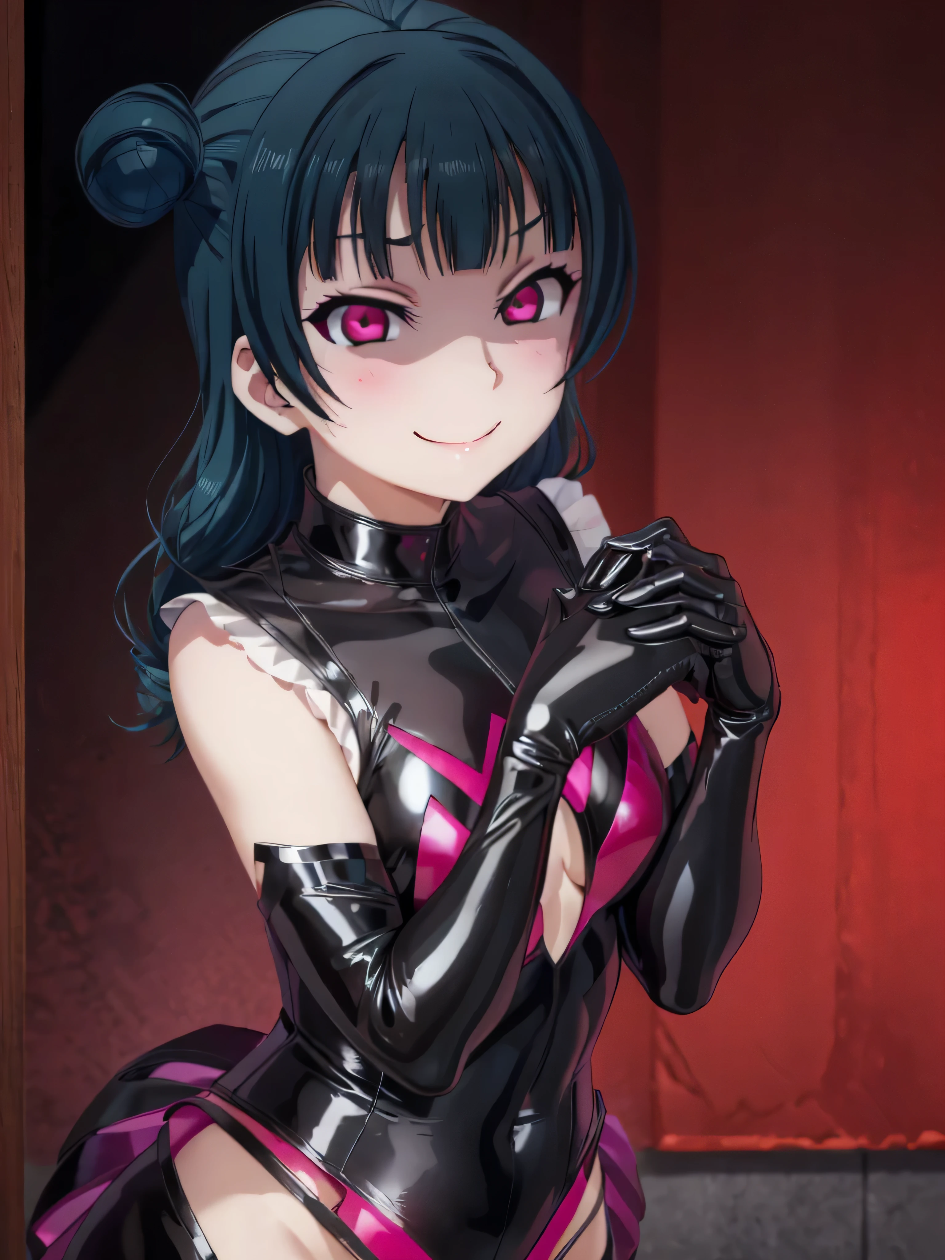 night、lovelive Black Background、Evil background、、Sensual dark light、A shiny black rubber suit that wraps around the body、tall、Upper Body、adult、、Alone、Navy blue hair twin tail drill Volumie、Upper Body、Evil female warrior、Fantasy、Condescending smile、Fallen into evil、Fall into Darkness, Yoshiko Tsushima,very evil smirk, (((black latex gloves)))、uneasy red background,beautiful hands,beautiful body,looking down at viewer,two hands,(masterpiece, best quality),
