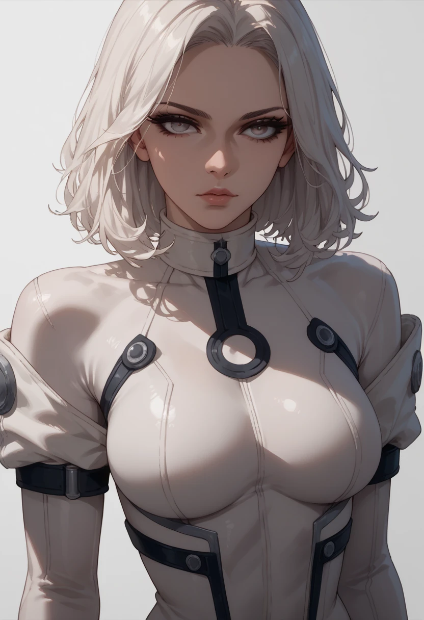 Alma judikhali, large breasts, bodysuit, sexy pose, white hair, seductive stare at viewer