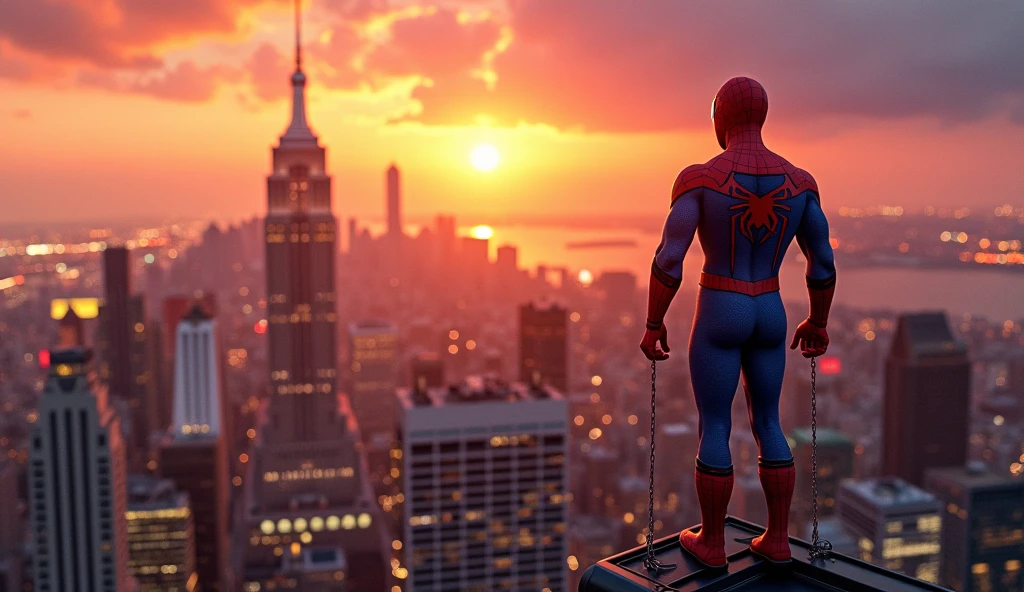 spider men is standing on the Empire building in New youk city,Ultra-high quality 8K, the real restoration of Spider-Man through thorns, the roof of the Empire State Building at night, the city is very lively, Spider-Man is wearing gorgeous spider suits, dancing in the wind, surreal scenes are breathtaking. --auto --s2