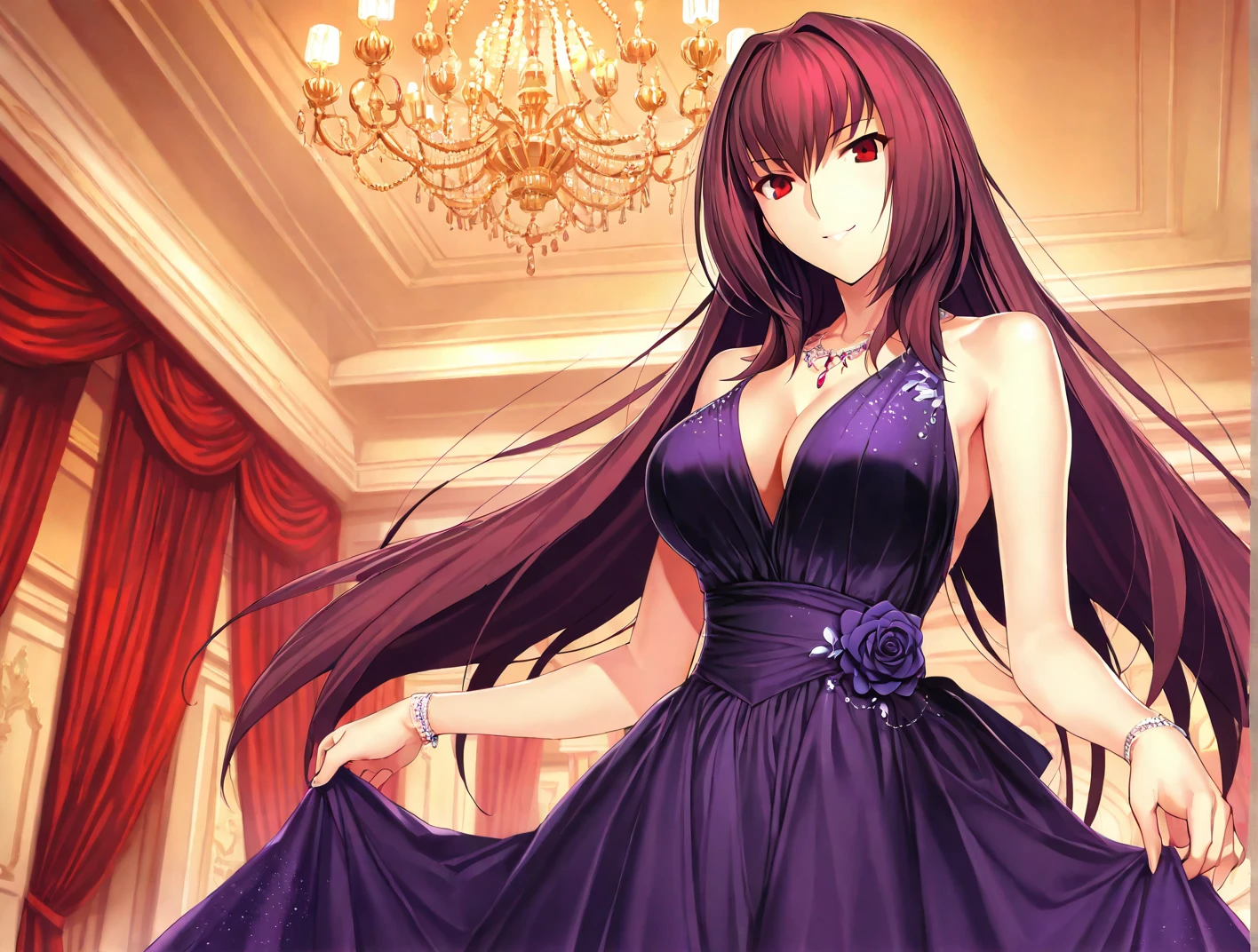 high resolution, masterpiece, necessary, detail, best quality, quality, necessary, tall details, High details, Precise, general plan

ballroom, gala hall, chandelier, red curtains
 
1girl, alone, linda,  Costume, ufotable style, ufotable anime, smile

Scathach, scathach Fate Grand Order, fate,  Fate Grand Order, long hair, red eyes, evening dress, violet dress, dark dress, glass of champagne