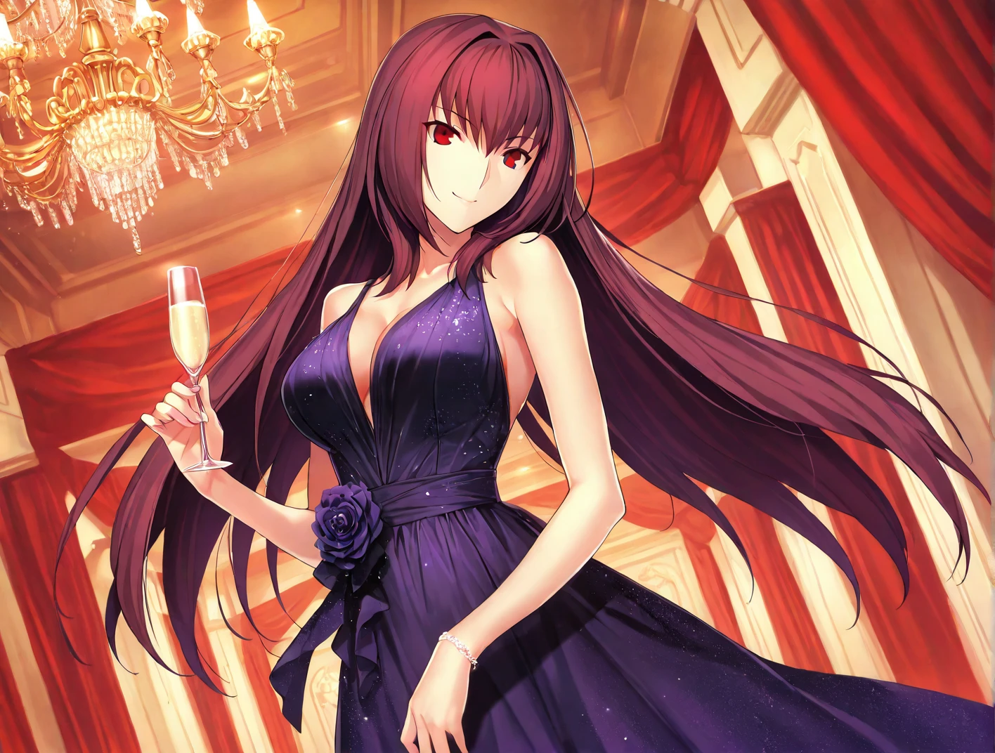 high resolution, masterpiece, necessary, detail, best quality, quality, necessary, tall details, High details, Precise, general plan

ballroom, gala hall, chandelier, red curtains
 
1girl, alone, linda,  Costume, ufotable style, ufotable anime, smile

Scathach, scathach Fate Grand Order, fate,  Fate Grand Order, long hair, red eyes, evening dress, violet dress, dark dress, glass of champagne