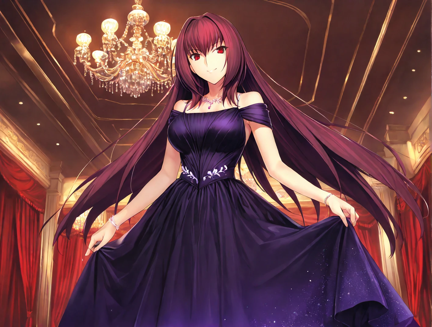 high resolution, masterpiece, necessary, detail, best quality, quality, necessary, tall details, High details, Precise, general plan

ballroom, gala hall, chandelier, red curtains
 
1girl, alone, linda,  Costume, ufotable style, ufotable anime, smile

Scathach, scathach Fate Grand Order, fate,  Fate Grand Order, long hair, red eyes, evening dress, violet dress, dark dress, glass of champagne