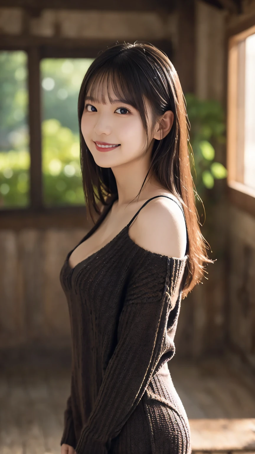 ( Thick Sweaters  : 1.5)、   complex and beautiful eyes、woman、 Womanly black hair、( dress : 1.6),  skirt、( Delicate and realistic hair、１Realistic hair)、bangs、  natural colored lips、(smile : 1.2)、((white indoor ))、((18歳woman:1.2))、   sit on the face of a young and adorable Japanese person,  Official Art，   very detailed CG unity 8k wallpaper，（masterpiece:1.0),( best quality:1.0), 超 View in high resolution ,4K,  Very detailed, photo shoot, 8k,  NFSDW   ,  View in high resolution ,   Kodak Portrait 400  ,   film grain,   Lens Flare Glow  ,高いest quality,8k, NFSDW   :1.2),    as a portrait shot ,8k、  viewer, (((Front View : 1.5))), ((facing))、 body facing forward、(Bold Cleavage : 1.3)、 (Tight chest : 1.3)、  small face ,  best quality、 Super beautiful images、stand up