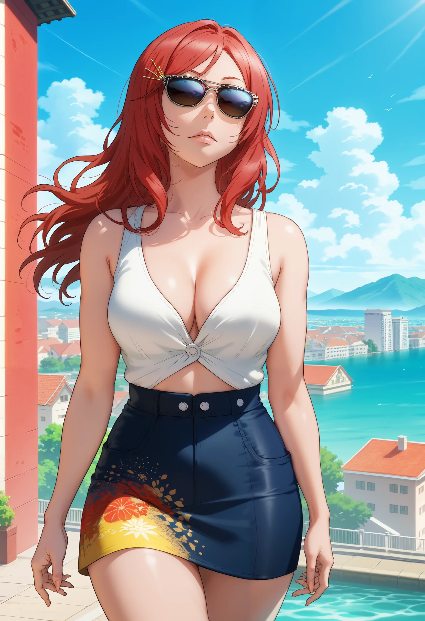 Female, Curvy body shape, Red hair, Sunglasses, Visible cleavage, Yellow wrap-style top with a deep neckline, Black and yellow patterned A-line skirt, Bold geometric design, nishikino maki, Relaxed and cheerful posture, Outdoors, By the water, Sunny day, Waterfront scenery, Hills/buildings in the distance, Clear blue sky,RUKIA Style,long hair