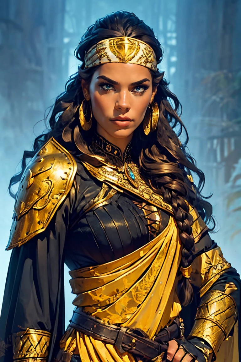 A digitally painted illustration depicts an epic fantasy scene, with a female warrior in the foreground, slightly to the right of center. She has long brown hair flowing gracefully behind her, with an intricate braid adorned with a gold headband studded with feathers and tiny beads. Her face is riddled with battle scars, adding to her fierce feel. The warrior wears elaborate white armor with gold details, including embellished shoulder pieces, a circular patterned chest plate, and a protective cup on her left shoulder. Her outfit is complemented by a striking jeweled choker and matching gold earrings. She holds a long staff with a triangular blade on top, gripping it tightly in both hands. The staff has intricate metalwork with bronze highlights and a dark wooden handle. Behind her, a large, majestic white tiger dominates the backdrop. Its lush mane and strong power add to the grandeur of the scene. The tiger’s fur is meticulously drawn with soft details and texture, while its sharp amber eyes reflect strength and intelligence. The lighting is bright and natural, emphasizing the warrior’s resolute gaze and creating dramatic shadows that enhance the texture of their clothing and accessories. The overall composition emphasizes the contrast between the human and animal figures, creating a harmonious yet vibrant visual experience. The color palette consists of warm hues such as beige, golden yellow, and brown, with high contrast and medium saturation, giving the artwork an intense and mysterious mood.