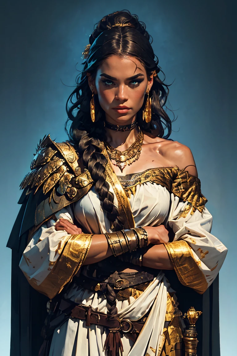 A digitally painted illustration depicts an epic fantasy scene, with a female warrior in the foreground, slightly to the right of center. She has long brown hair flowing gracefully behind her, with an intricate braid adorned with a gold headband studded with feathers and tiny beads. Her face is riddled with battle scars, adding to her fierce feel. The warrior wears elaborate white armor with gold details, including embellished shoulder pieces, a circular patterned chest plate, and a protective cup on her left shoulder. Her outfit is complemented by a striking jeweled choker and matching gold earrings. She holds a long staff with a triangular blade on top, gripping it tightly in both hands. The staff has intricate metalwork with bronze highlights and a dark wooden handle. Behind her, a large, majestic white tiger dominates the backdrop. Its lush mane and strong power add to the grandeur of the scene. The tiger’s fur is meticulously drawn with soft details and texture, while its sharp amber eyes reflect strength and intelligence. The lighting is bright and natural, emphasizing the warrior’s resolute gaze and creating dramatic shadows that enhance the texture of their clothing and accessories. The overall composition emphasizes the contrast between the human and animal figures, creating a harmonious yet vibrant visual experience. The color palette consists of warm hues such as beige, golden yellow, and brown, with high contrast and medium saturation, giving the artwork an intense and mysterious mood.