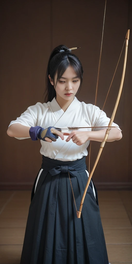 Izukuri ,  1 girl,Alone, black hair,Gloves,holding, ponytail,arms,Japanese clothing,holding arms,lips,single glove,bow (arms),partially fingerless Gloves,Realistic,Arrow (Projectile),breastplate,holding bow (arms),aim,yugake,holding Arrow,drawing bow, Archery ,kyuudou