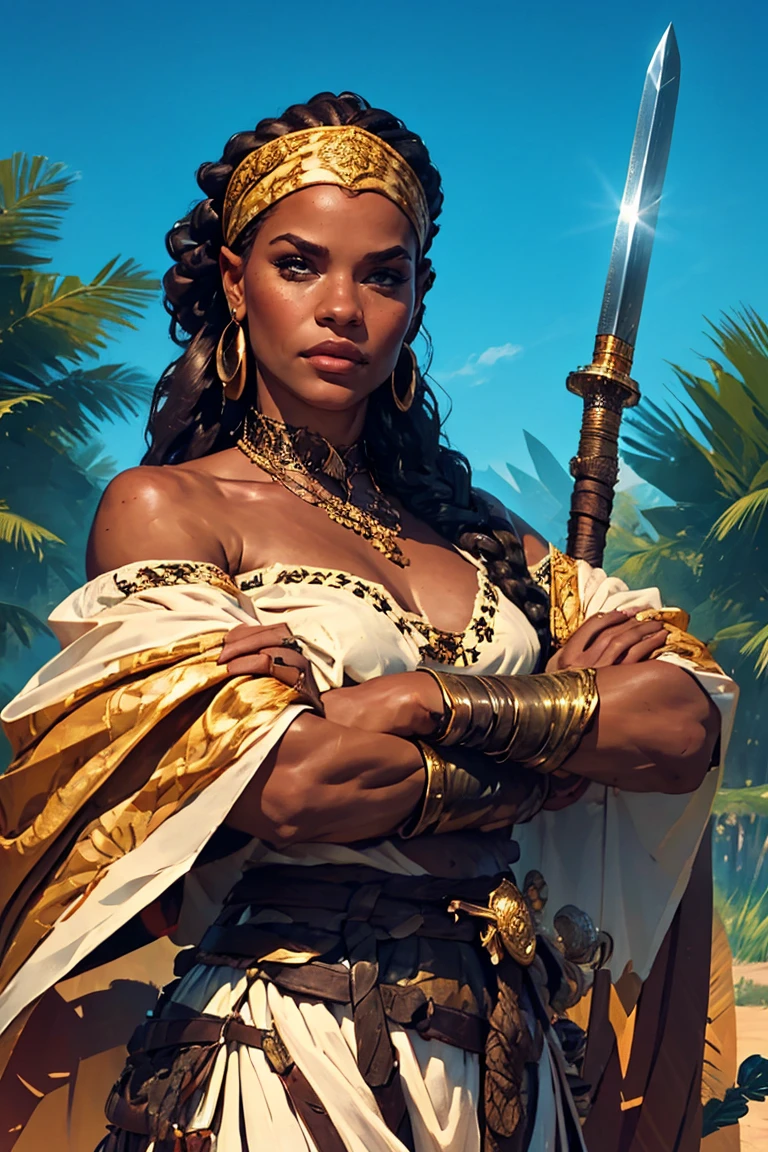 A digitally painted illustration depicts an epic fantasy scene, with a female warrior in the foreground, slightly to the right of center. She has long brown hair flowing gracefully behind her, with an intricate braid adorned with a gold headband studded with feathers and tiny beads. Her face is riddled with battle scars, adding to her fierce feel. The warrior wears elaborate white armor with gold details, including embellished shoulder pieces, a circular patterned chest plate, and a protective cup on her left shoulder. Her outfit is complemented by a striking jeweled choker and matching gold earrings. She holds a long staff with a triangular blade on top, gripping it tightly in both hands. The staff has intricate metalwork with bronze highlights and a dark wooden handle. Behind her, a large, majestic white tiger dominates the backdrop. Its lush mane and strong power add to the grandeur of the scene. The tiger’s fur is meticulously drawn with soft details and texture, while its sharp amber eyes reflect strength and intelligence. The lighting is bright and natural, emphasizing the warrior’s resolute gaze and creating dramatic shadows that enhance the texture of their clothing and accessories. The overall composition emphasizes the contrast between the human and animal figures, creating a harmonious yet vibrant visual experience. The color palette consists of warm hues such as beige, golden yellow, and brown, with high contrast and medium saturation, giving the artwork an intense and mysterious mood.