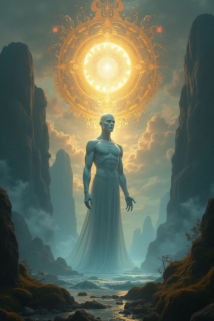 <lora:ptm0-000007:0.8>ptm0 a painting of a man with a head made out of a half moon three pointed stone with floating orbs levitating around him pressing his palms together with thin insect like body made out of thin flexible rocks, muted colors, light shining from behind, abstract, surreal, beksinkski, horror, dark art, floating in the air, Bastien L. Deharme, magic the gathering artwork, an ultrafine detailed painting, altermodern