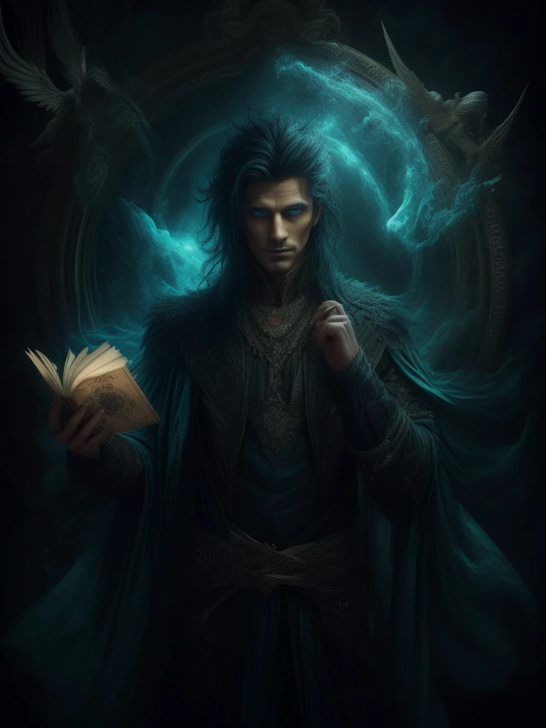  A magician with an unusual crazy look. Knows the magic of the mind .  dark green shades of background or clothes. Long mantle. the magic book is hanging in the air above your hand