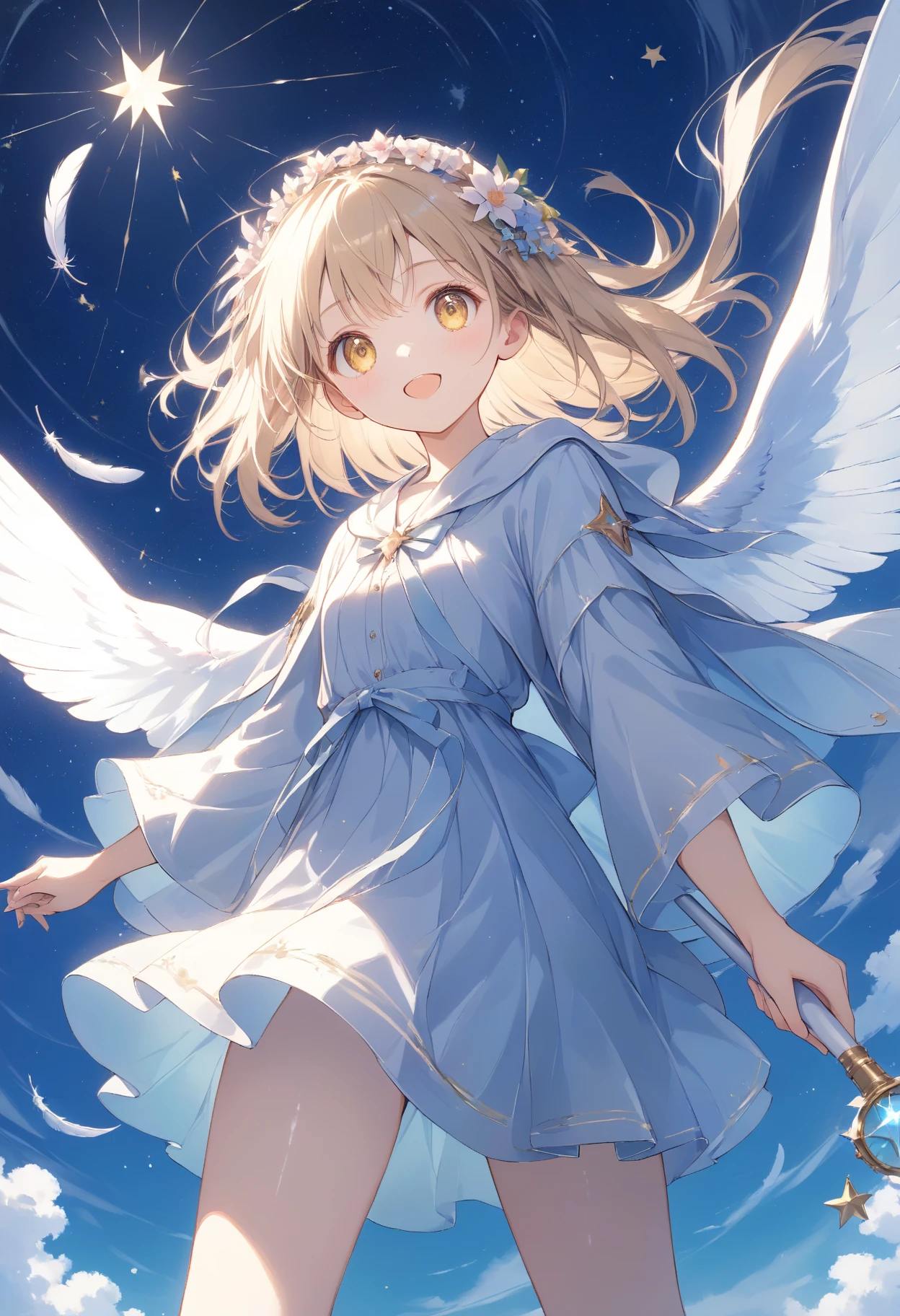  Masterpiece , high quality, high resolution, 16k, Makoto Shinkai Illustration, detailed background, hyperrealistic, digital painting, one petite girl, full length, small breasts, beautiful face, long eyelashes, fair skin, beautiful skin, shiny legs, golden eyes, stars in eyes, big eyes, blond twin-tail , beautiful hair, floral hairpiece, magical girl, wand, holding up shining white wand, shoulders bare, wearing transparent wizard robes, skirt fluttering in the wind, shiny feathers on her back, looking up at the sky, long time living white whale, happy expression, beautiful garden, pretty flowers, pretty sky, shining stars, beautiful night sky, spirit of the wind, dynamic angle, angle from below