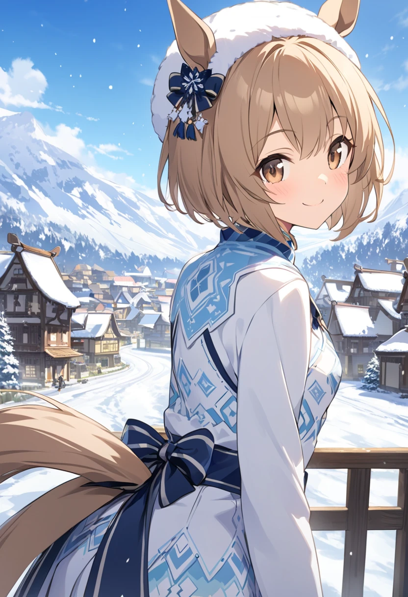  best quality、Horse Girl、Yukinobidin 、Round face、細身の体、 small breasts、 horse ears and tail 、 short bob、Light brown hair、Brown eyes、white and blue snow pattern costume、smile、Village with a snowy landscape 
