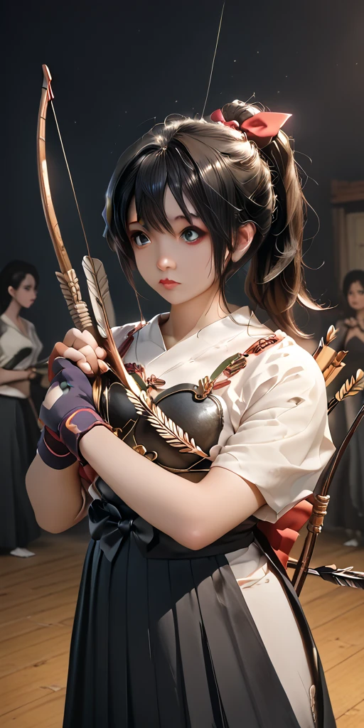 Izukuri ,  1 girl,Alone, black hair,Gloves,holding, ponytail,arms,Japanese clothing,holding arms,lips,single glove,bow (arms),partially fingerless Gloves,Realistic,Arrow (Projectile),breastplate,holding bow (arms),aim,yugake,holding Arrow,drawing bow, Archery ,kyuudou