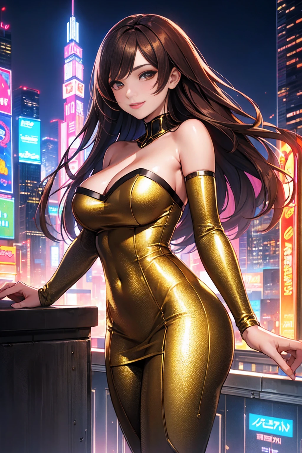 Straight Hair、brown Hair,((Highly detailed golden sexy strapless bodycon dress)) , (beautiful girl: 1.3),1girl,Highest quality,8k,Highly detailed CG unit wallpaper,masterpiece:1.2,Highest quality,Ultra-high resolution,RAW Photos,Realistic textured skin,Cinema Lighting,happy,Big eyes,Detailed eyes,Glossy lipstick,Perfect Makeup,Ultra-high definition beauty face,Huge building,Metropolis,voluptuous,(Standing on the rooftop of a skyscraper in Cyber City),(Panoramic View),night,Detailed neon lights,(Are standing_Split),smile,cowboy shot,