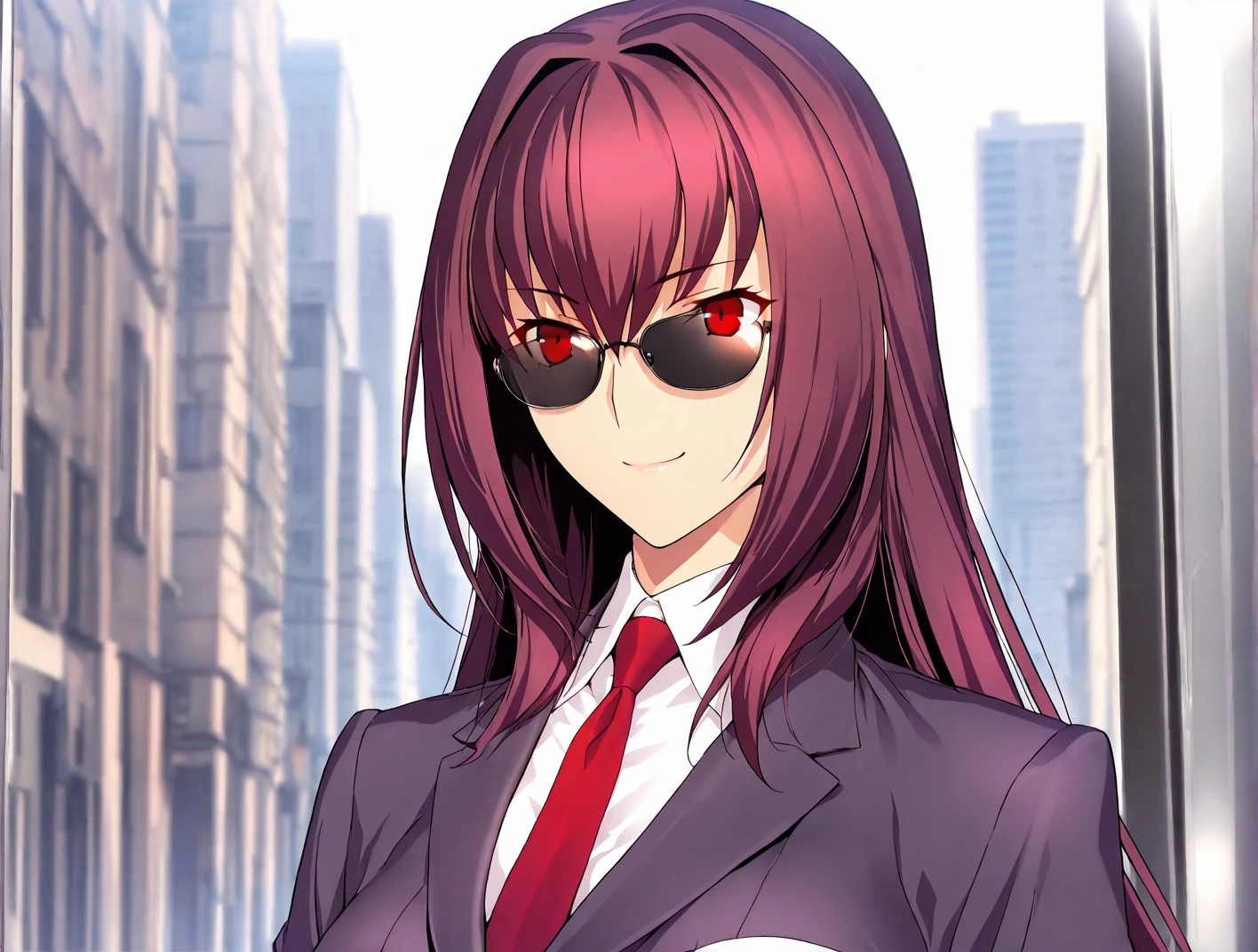 high resolution, masterpiece, necessary, detail, best quality, quality, necessary, tall details, High details, Precise, general plan

street, city
 
1girl, alone, linda,  Costume, ufotable style, ufotable anime, smile

Scathach, scathach Fate Grand Order, fate,  Fate Grand Order, long hair, red eyes, suit, jacket, tie, shirt, sunglasses