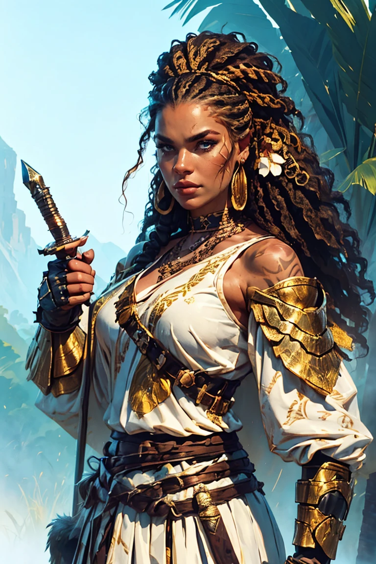 A digitally painted illustration depicts an epic fantasy scene, with a female warrior in the foreground, slightly to the right of center. She has long brown hair flowing gracefully behind her, with an intricate braid adorned with a gold headband studded with feathers and tiny beads. Her face is riddled with battle scars, adding to her fierce feel. The warrior wears elaborate white armor with gold details, including embellished shoulder pieces, a circular patterned chest plate, and a protective cup on her left shoulder. Her outfit is complemented by a striking jeweled choker and matching gold earrings. She holds a long staff with a triangular blade on top, gripping it tightly in both hands. The staff has intricate metalwork with bronze highlights and a dark wooden handle. Behind her, a large, majestic white tiger dominates the backdrop. Its lush mane and strong power add to the grandeur of the scene. The tiger’s fur is meticulously drawn with soft details and texture, while its sharp amber eyes reflect strength and intelligence. The lighting is bright and natural, emphasizing the warrior’s resolute gaze and creating dramatic shadows that enhance the texture of their clothing and accessories. The overall composition emphasizes the contrast between the human and animal figures, creating a harmonious yet vibrant visual experience. The color palette consists of warm hues such as beige, golden yellow, and brown, with high contrast and medium saturation, giving the artwork an intense and mysterious mood.