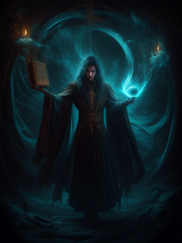  A magician with an unusual crazy look. Knows the magic of the mind .  dark green shades of background or clothes. Long mantle. the magic book levitates hanging in the air above your hand