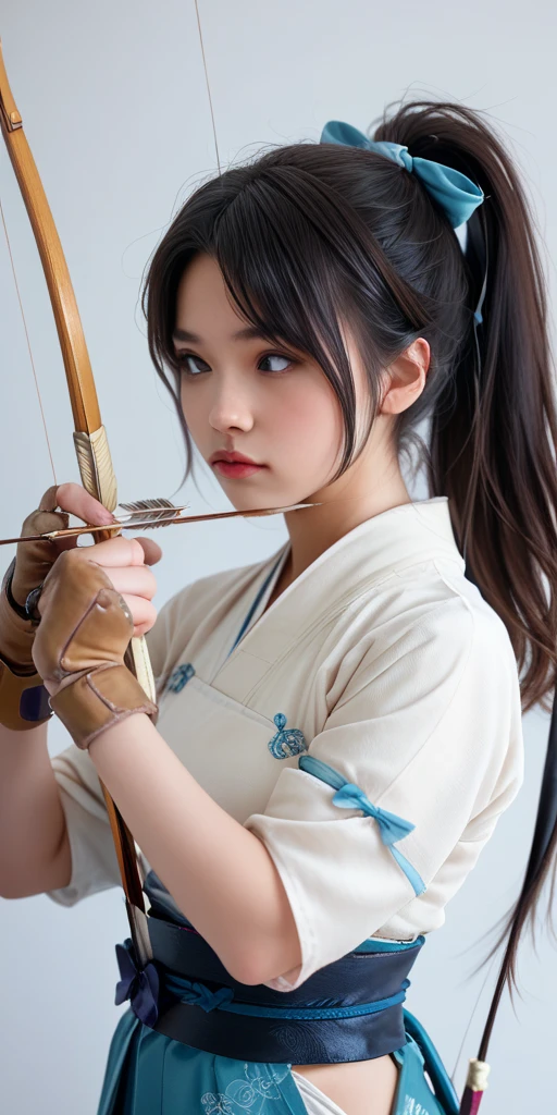 Izukuri ,  1 girl,Alone, black hair,Gloves,holding, ponytail,arms,Japanese clothing,holding arms,lips,single glove,bow (arms),partially fingerless Gloves,Realistic,Arrow (Projectile),breastplate,holding bow (arms),aim,yugake,holding Arrow,drawing bow, Archery ,kyuudou