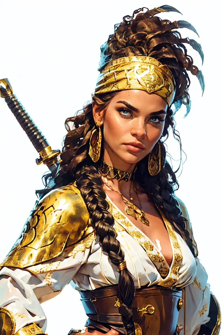 A digitally painted illustration depicts an epic fantasy scene, with a female warrior in the foreground, slightly to the right of center. She has long brown hair flowing gracefully behind her, with an intricate braid adorned with a gold headband studded with feathers and tiny beads. Her face is riddled with battle scars, adding to her fierce feel. The warrior wears elaborate white armor with gold details, including embellished shoulder pieces, a circular patterned chest plate, and a protective cup on her left shoulder. Her outfit is complemented by a striking jeweled choker and matching gold earrings. She holds a long staff with a triangular blade on top, gripping it tightly in both hands. The staff has intricate metalwork with bronze highlights and a dark wooden handle. Behind her, a large, majestic white tiger dominates the backdrop. Its lush mane and strong power add to the grandeur of the scene. The tiger’s fur is meticulously drawn with soft details and texture, while its sharp amber eyes reflect strength and intelligence. The lighting is bright and natural, emphasizing the warrior’s resolute gaze and creating dramatic shadows that enhance the texture of their clothing and accessories. The overall composition emphasizes the contrast between the human and animal figures, creating a harmonious yet vibrant visual experience. The color palette consists of warm hues such as beige, golden yellow, and brown, with high contrast and medium saturation, giving the artwork an intense and mysterious mood.