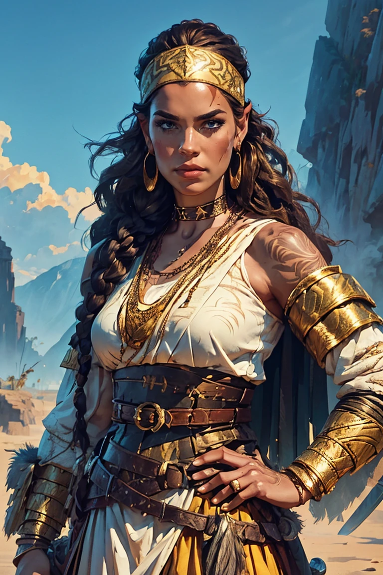 A digitally painted illustration depicts an epic fantasy scene, with a female warrior in the foreground, slightly to the right of center. She has long brown hair flowing gracefully behind her, with an intricate braid adorned with a gold headband studded with feathers and tiny beads. Her face is riddled with battle scars, adding to her fierce feel. The warrior wears elaborate white armor with gold details, including embellished shoulder pieces, a circular patterned chest plate, and a protective cup on her left shoulder. Her outfit is complemented by a striking jeweled choker and matching gold earrings. She holds a long staff with a triangular blade on top, gripping it tightly in both hands. The staff has intricate metalwork with bronze highlights and a dark wooden handle. Behind her, a large, majestic white tiger dominates the backdrop. Its lush mane and strong power add to the grandeur of the scene. The tiger’s fur is meticulously drawn with soft details and texture, while its sharp amber eyes reflect strength and intelligence. The lighting is bright and natural, emphasizing the warrior’s resolute gaze and creating dramatic shadows that enhance the texture of their clothing and accessories. The overall composition emphasizes the contrast between the human and animal figures, creating a harmonious yet vibrant visual experience. The color palette consists of warm hues such as beige, golden yellow, and brown, with high contrast and medium saturation, giving the artwork an intense and mysterious mood.