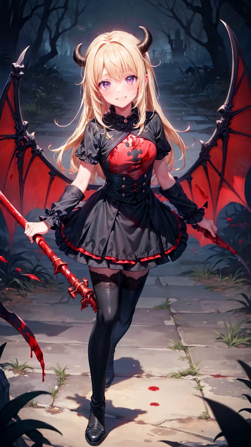 Shadowy Face　、beautiful girl、とてもcute天使、 pink t-shirt 、cute、、smile、 Long Skirt、 BLACK LONG BOOTS 、.(  best quality ,4K, high definition ,  Masterpiece :1.2),  very detailed,Realistic:1.37,  Spooky altar background  ,Dark fantasy,Red Scheme ,Ominous atmosphere,Eye-catching,story,anatomy,Anime Style,  concept art,beautiful細部までこだわった顔と (((red eyes ))),A terrifying ritual ,Satan's Ritual  ,Premature death,Inappropriate behavior, smile ,Scythe Face,Girl Monster, beautiful,  delicate facial features,   sharp eye,  sharp fangs, pale Skin, Dark Background,   movie lights, Dramatic Shadows,  gothic,   Being in a Dark Atmosphere , Dark fantasy, 1 person&#39;S,  please open your mouth wide ,  In the dark atmosphere of 。 open your mouth and peel your fangs  , Beastly Sharp Teeth , Wide lips, Very big mouth,  red cheeks , ,( Blood Splatter :1.4),Scary smile, smile, angel design , TwiSted smile、Bloody、Head bleeding,,,,,、 Blood Splatter 、,( Blood Splatter :1.4), skull bones,devil&#39;s gun,Horror Style, (( Fantasy Sweet Taffle Ruffle Pink Costume)), ((  Flowing blonde hair  )), ,( Blood Splatter :1.4),Female Curves,  sexy flat stomach ,   perfect hand, Perfect anime face, (Pink Tata Dress)),  standing, ((悪のsmile)), ,( Blood Splatter :1.4), Steam circulation, Moonlight Illumination, night lighting, ( Blood Splatter :1.6),アニメ angel design , TwiSted smile、Bloody、Head bleeding,,,,,、 Blood Splatter 、,( Blood Splatter :1.4),  skull bones,Gothic architecture、Western architecture、  fantasy world  、,Victorian city, Skeleton Gas Light, absurd,  high definition 、 ((   table top naked underneath the jacket)), ((  best quality )), (  very detailedな), ((  very detailed)), (beautiful), ((cute)), (NFSW:1.8), Alone,(:1.6)、(world&#39;最も恐ろしく気味の悪いdevilの女の子:1.5)beautiful face、  Full Body Esbian 、pale, beautiful肌、beautiful金の髪、smile gently、Dark building ruins、(snow white&#39; ruffle dress:1.3)、( Dark Ruins Are Stained with Blood :1.3)、Low angle full body shot、(少女は血の海の中に standing:1.5)、(The ground :1.3)、( that girl lost a ton of blood ....:1.3)、( smile :1.6)、Spirit、( Blood dripping from the mouth :1.3)、
