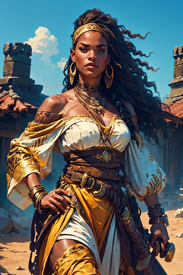 A digitally painted illustration depicts an epic fantasy scene, with a female warrior in the foreground, slightly to the right of center. She has long brown hair flowing gracefully behind her, with an intricate braid adorned with a gold headband studded with feathers and tiny beads. Her face is riddled with battle scars, adding to her fierce feel. The warrior wears elaborate white armor with gold details, including embellished shoulder pieces, a circular patterned chest plate, and a protective cup on her left shoulder. Her outfit is complemented by a striking jeweled choker and matching gold earrings. She holds a long staff with a triangular blade on top, gripping it tightly in both hands. The staff has intricate metalwork with bronze highlights and a dark wooden handle. Behind her, a large, majestic white tiger dominates the backdrop. Its lush mane and strong power add to the grandeur of the scene. The tiger’s fur is meticulously drawn with soft details and texture, while its sharp amber eyes reflect strength and intelligence. The lighting is bright and natural, emphasizing the warrior’s resolute gaze and creating dramatic shadows that enhance the texture of their clothing and accessories. The overall composition emphasizes the contrast between the human and animal figures, creating a harmonious yet vibrant visual experience. The color palette consists of warm hues such as beige, golden yellow, and brown, with high contrast and medium saturation, giving the artwork an intense and mysterious mood.