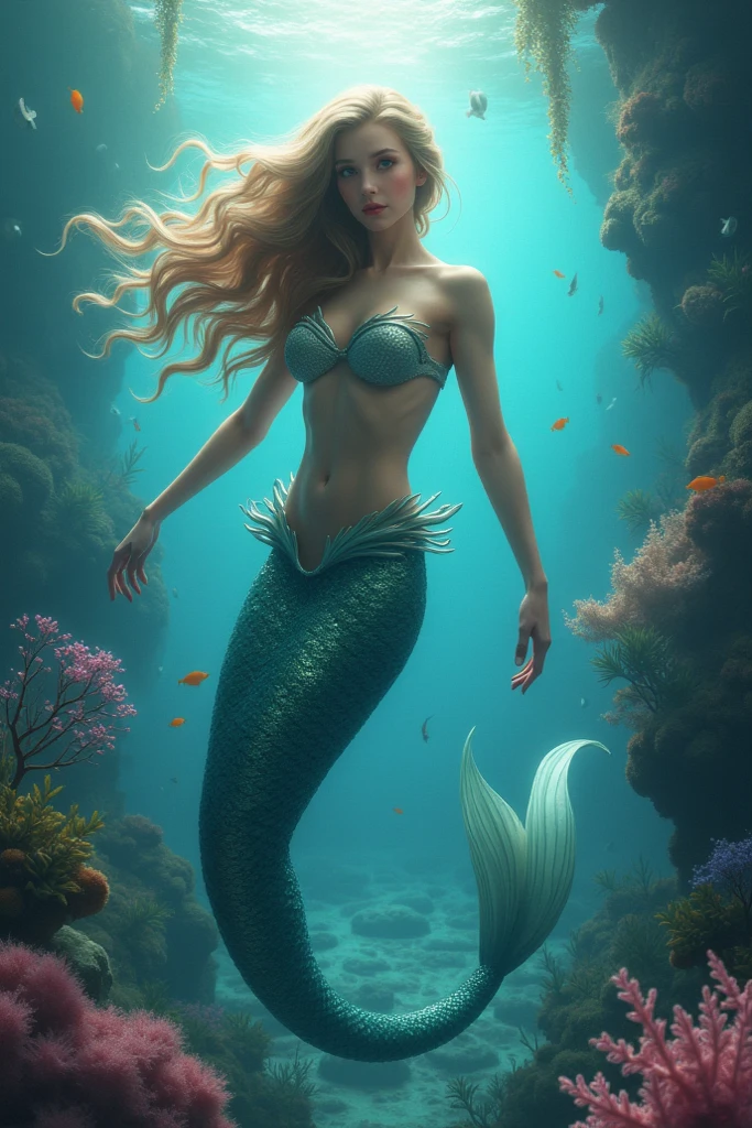 Mermaid woman with long wavy brown hair, greeneyes, a slight scar on the belly, white tail and scales on ears and arms