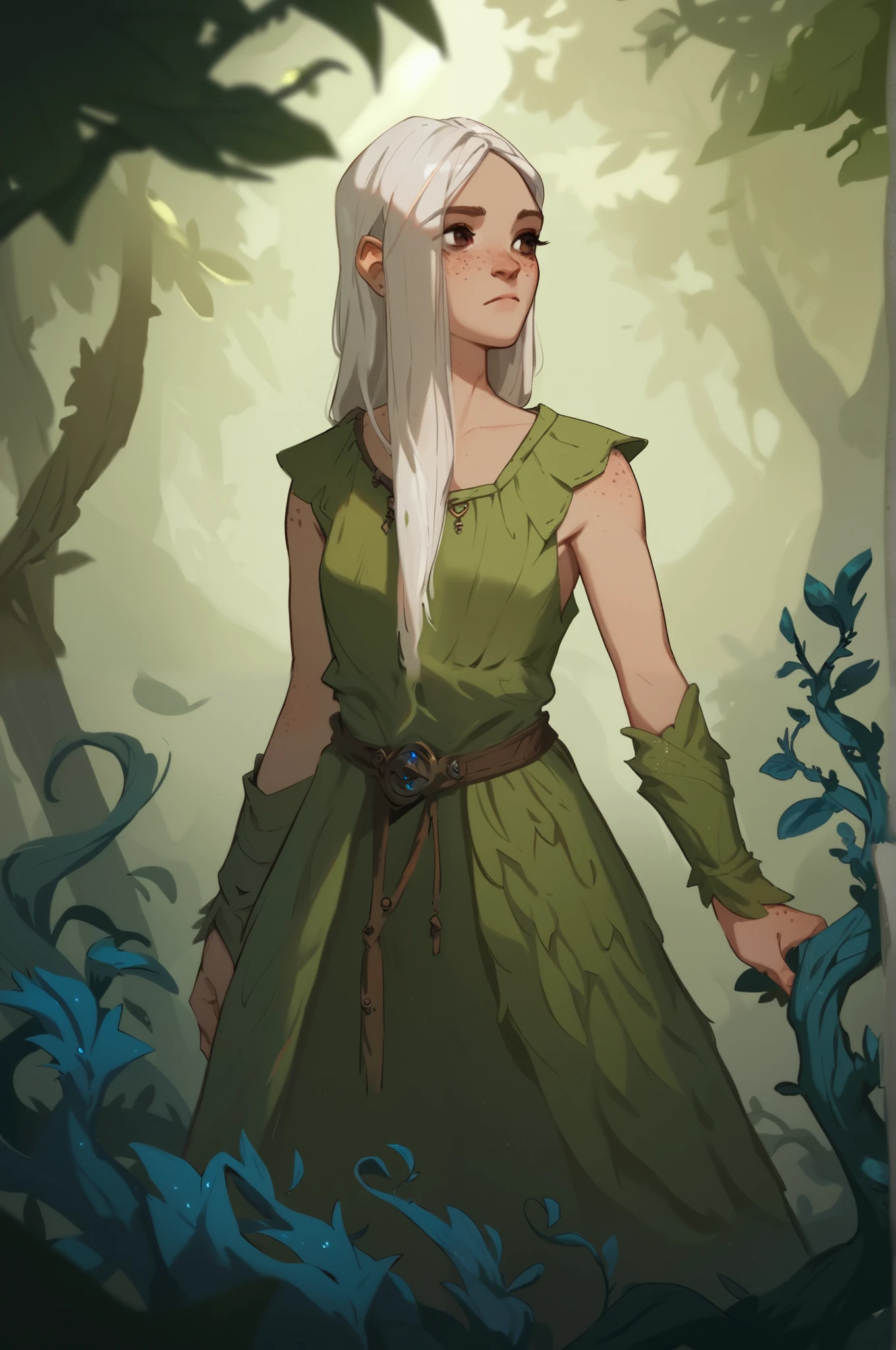 Score_9, score_8_up, score_7_up, score_6_up, 1girl, twink, white hair ((long cut)), fair skin ((freckles)), brown eyes, artificer, medieval fantasy, Expressiveh, wearing a vibrant medieval dress, standing in a dark forest, with blue vines and leaves, small breasts