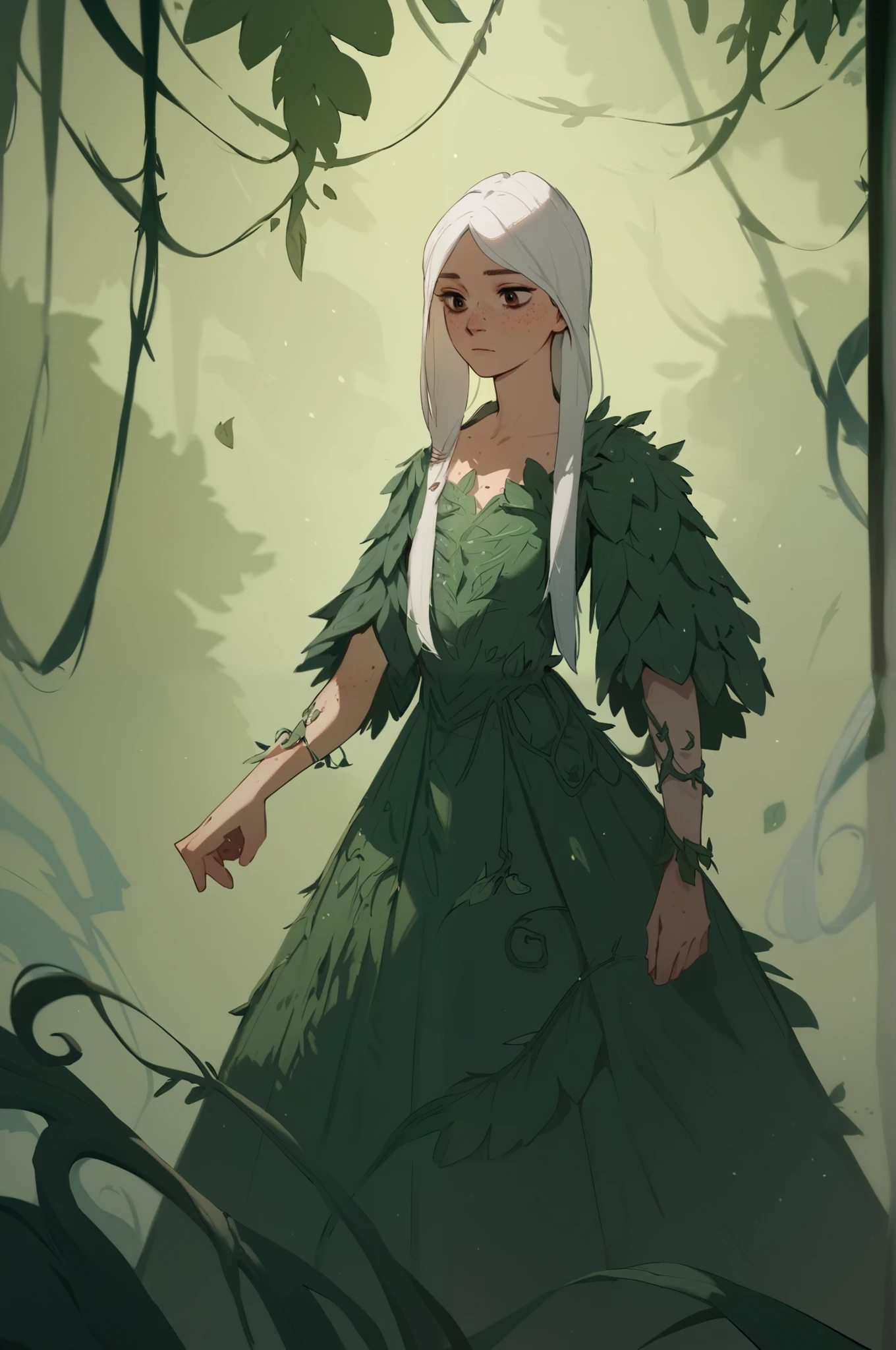 Score_9, score_8_up, score_7_up, score_6_up, 1girl, twink, white hair ((long cut)), fair skin ((freckles)), brown eyes, artificer, medieval fantasy, Expressiveh, wearing a vibrant medieval dress, standing in a dark forest, with blue vines and leaves, small breasts