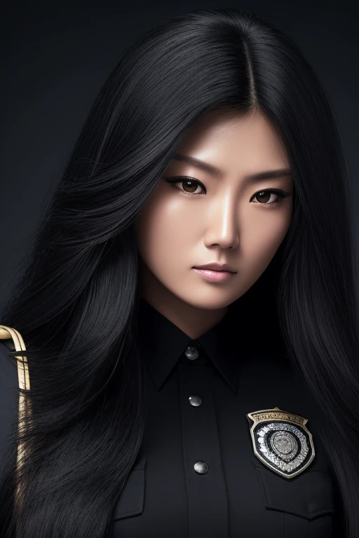 jet black hair,most very long hair,most very lion hair,most very wolf hair,most very frizzy hair,coarse hair,most very spread hairstyle,thick hair,fluffy hair,most very heavy weight hair,hair covering left eye,heavy looking hairstyle,most very voluminous hair,shiny jet black hair,female jail officer,black uniform,a heavy-looking uniform,black pants,tall woman,1 Japanese woman,woman's height 2.7m,most very strong face,most very angry face,black eyes,very close-up to face,most very muscle body,most very beautiful face,show more hair,high resolution,white background