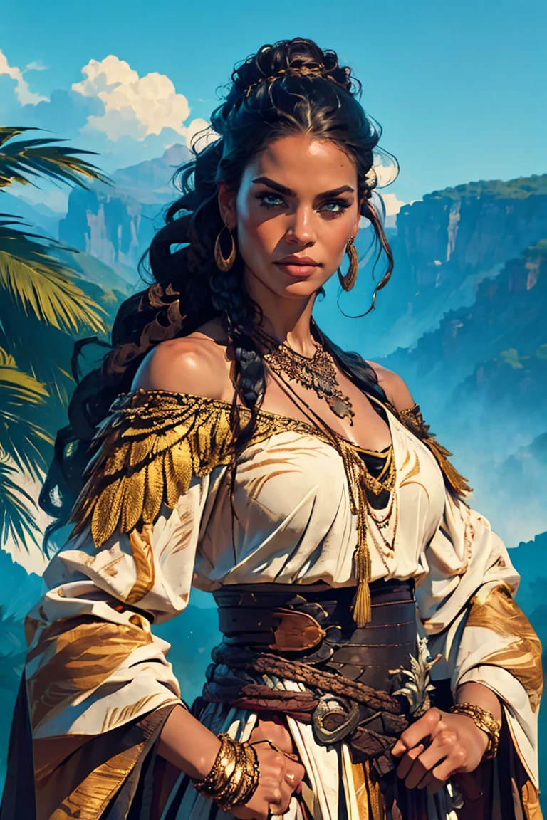 A digitally drawn illustration depicting an epic fantasy scene, featuring a sexy, busty and alluring female warrior in the foreground, slightly to the right of center. She has long brown hair flowing gracefully behind her back, with an intricate braid adorned with a golden headband adorned with small feathers and beads. Her face is riddled with battle scars, adding to her fierce feel. The warrior wears elaborate white armor with gold details, including embellished shoulder pieces, a circular patterned chest plate, and a protective cup on her left shoulder. Her outfit is complemented by a striking jeweled necklace and matching gold earrings. She holds a long staff with a triangular blade on top, grasping it tightly in both hands. The staff features intricate metalwork with bronze highlights and a dark wooden handle. Behind her, a large and majestic white tiger stands out as a backdrop. Its lush mane and strong power add to the grandeur of the scene. The tiger’s fur is meticulously drawn with soft details and textures, while its piercing amber eyes reflect strength and intelligence. The bright and natural lighting accentuates the warrior’s resolute gaze, creating dramatic shadows that enhance the textures of her clothing and accessories. The overall composition emphasizes the contrast between the human and animal figures, creating a harmonious yet vibrant visual experience. The color palette consists of warm hues such as beige, golden yellow, and brown, with high contrast and medium color intensity, giving the artwork an intense and mysterious mood.