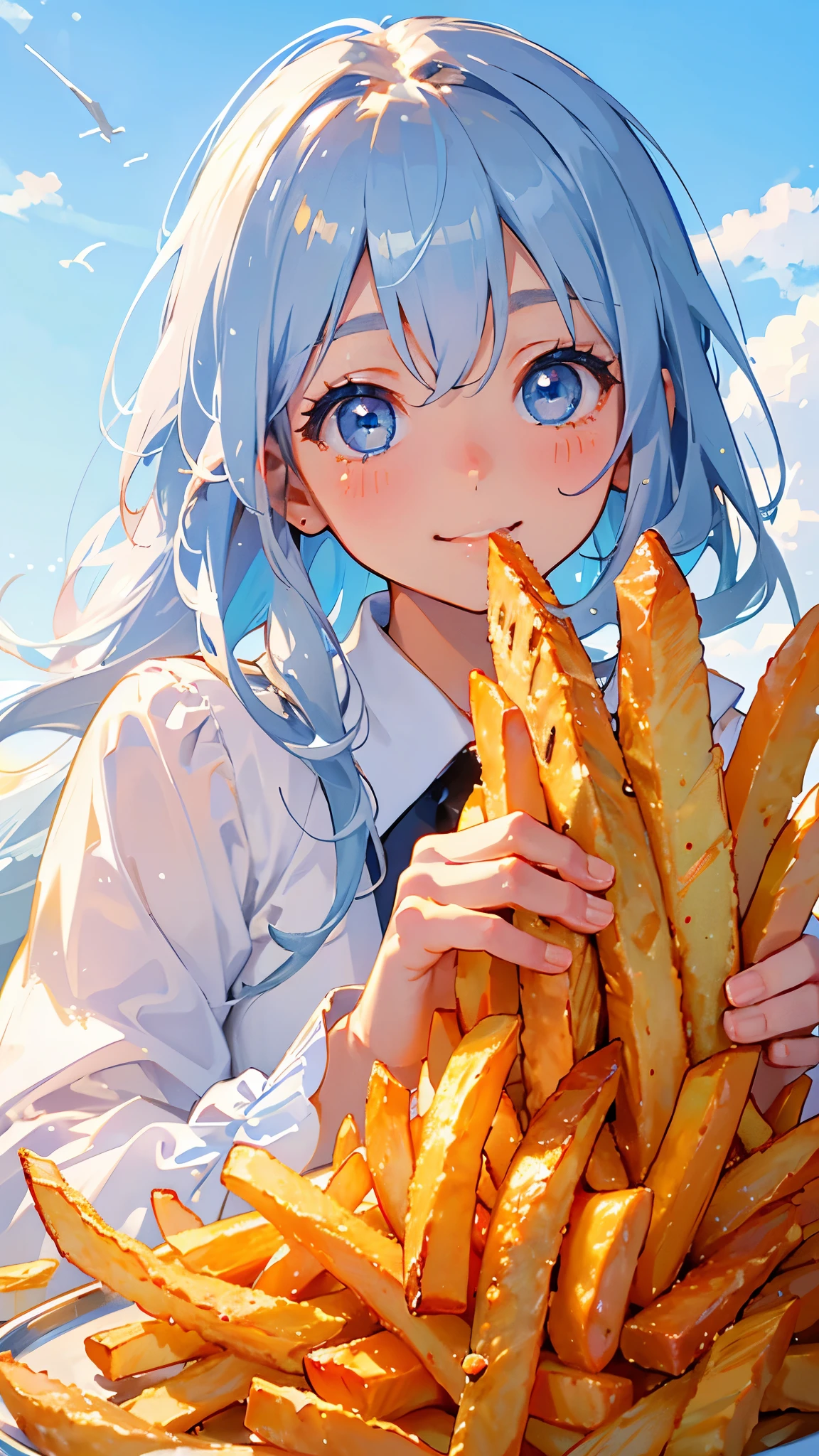 16-year-old girl、Anime style painting、Upper body close-up、smile、From the side, impression, (Oil), Green and orange tones、Silver Hair, (Sparkling blue eyes)、Eating French Fries