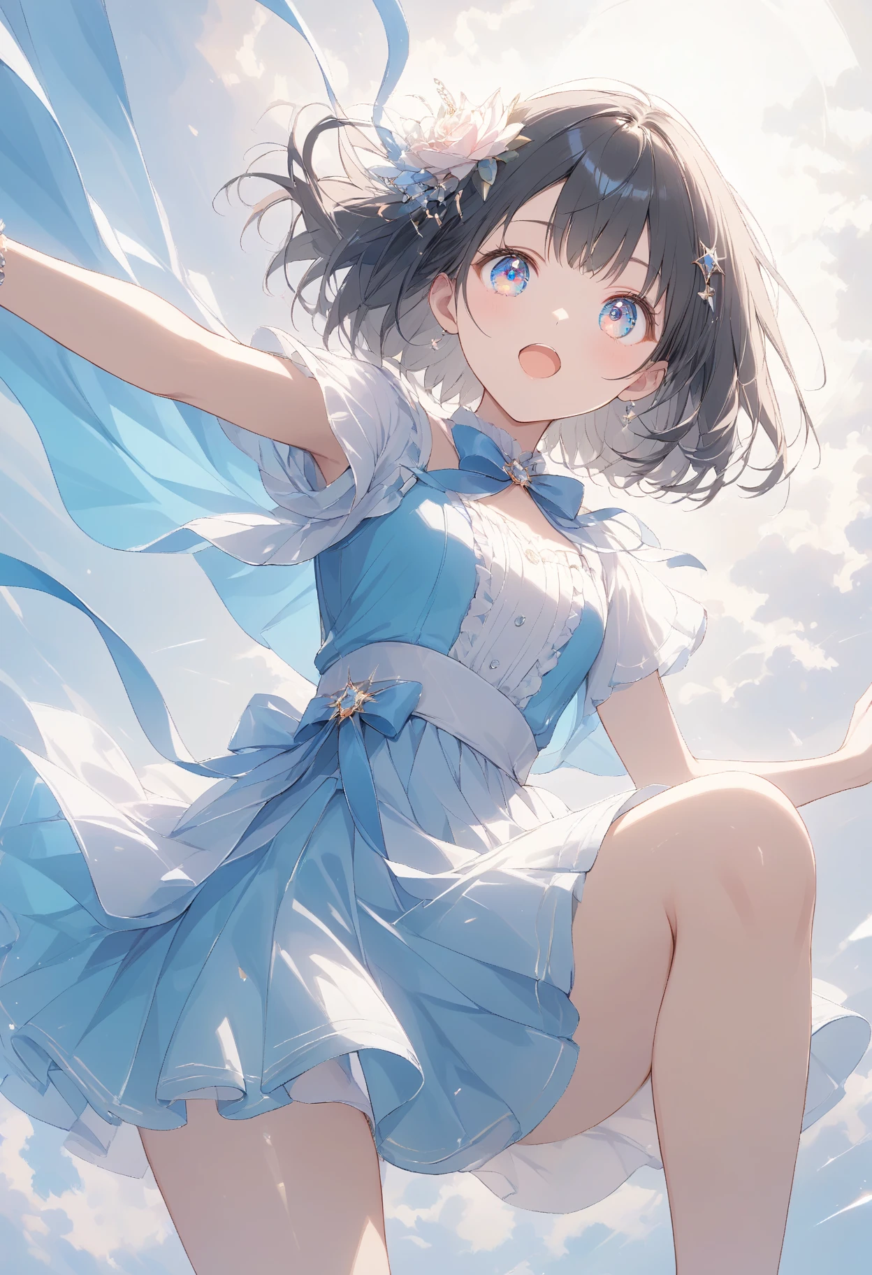 top-quality、extremely delicate and beautiful、Soio、Soio、8-year-old little girl、japanes、Lori、Chiquita、elementary student、A dark-haired、((white and blue leotard))、（highleg）、Tiara on the head、A smile、is standing、Facing the front、