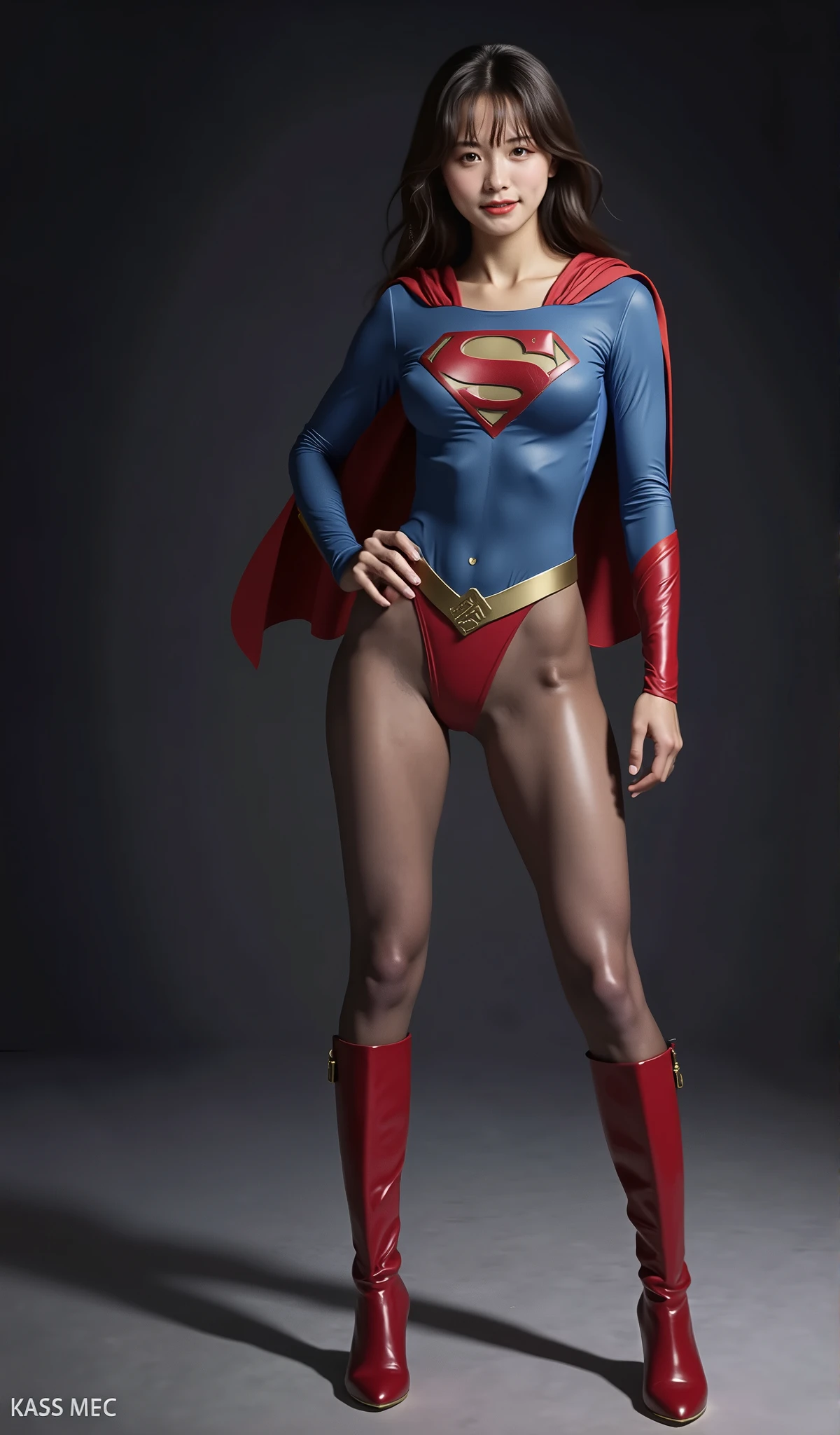 No background、(((Beautiful legs in black tights.)))、(((Legally express the beauty of your smile)))、((((Make the most of your original images)))、(((Body-hugging Supergirl costume)))、(((Supergirl Costume)))、(((Beautiful short hair)))、(((She is winking cutely.)))、(((Please wear black tights....、Wear red boots)))、((Best image quality、8k))、((highest quality、8k、masterpiece:1.3))、(((Preserve background )))、Sharp focus:1.2、Beautiful woman with perfect figure:1.4、Slim Abs:1.2、Wet body:1.5、Highly detailed face and skin texture、8k