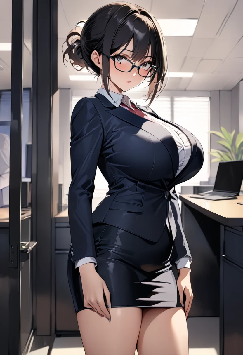 ((   best quality)), (( Masterpiece)), (    Details), (  1 Anime Girl   ),     sexy,   9 with dark hair and big breasts ０CM OL  ,     short ponytail ,    young woman,   OL with glasses  , (((  woman standing in office  ))) , (   woman in business suit  ),    pencil skirt