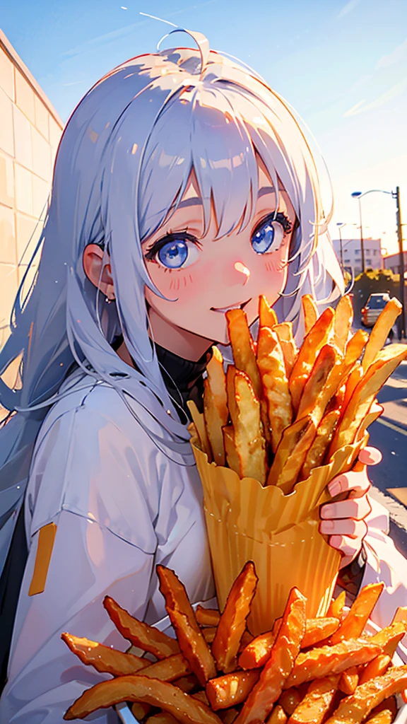  upper body close-up 、 best quality、cute、One personの女の子、One person、Silver colored hair、 Long Hair、Beautiful Blue Eyes、smile、 eats french fries、Golden Hour Sky