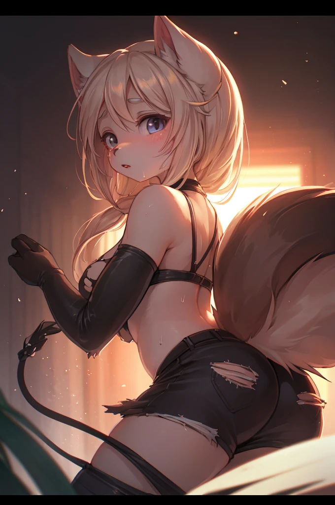 master piece,hyper quality, Hyper Detailed,Perfect drawing,1 girl、(((Wear only underwear)))、((Luxury underwear))、fox ears、foxtail、Sharp fangs、Eyes aiming at prey、Brown and blonde mesh、Sharp eyes、facing back、On all fours、Pose with buttocks sticking out、Look back with a smile、Focus on the buttocks、beatiful backgrounds、furry female, animal ear fluff、Perfect Beautiful Girl、Perfect Photo