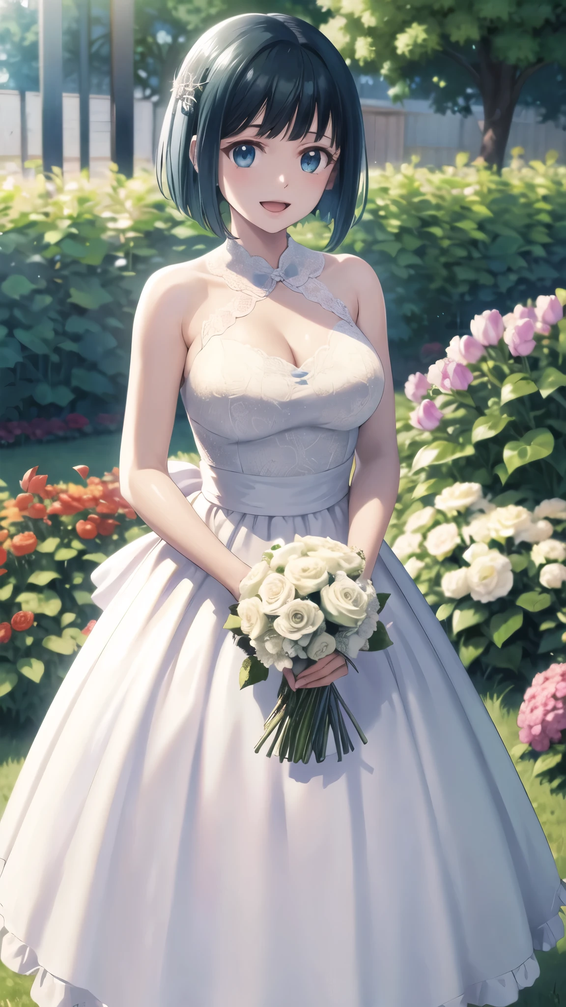 masterpiece, best quality, highres, 1girl, solo, short hair, green hair, bob cut, blue eyes, large breasts, wedding Dress, standing, garden, confetti, holding bouquet, smile, open mouth,