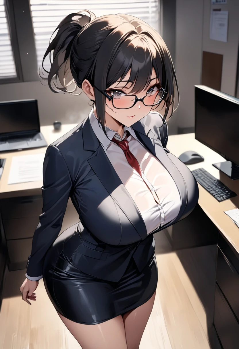 ((   best quality)), (( Masterpiece)), (    Details), (  1 Anime Girl   ),     sexy,   9 with dark hair and big breasts ０CM OL  ,     short ponytail ,    young woman,   OL with glasses  , (((  woman standing in office  ))) , (   woman in business suit  ),    pencil skirt