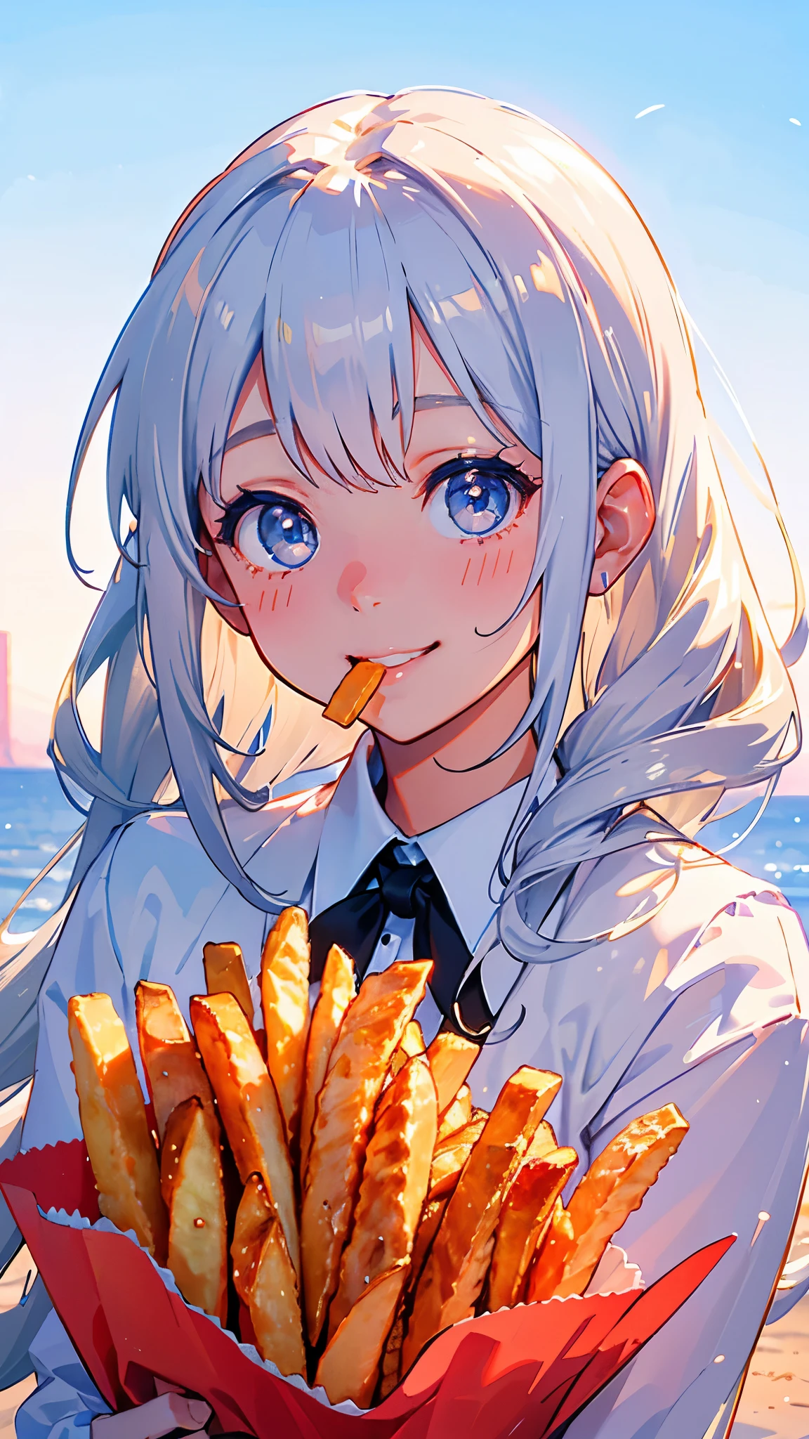  upper body close-up 、 best quality、cute、One personの女の子、One person、Silver colored hair、 Long Hair、Beautiful Blue Eyes、smile、 eats french fries、Golden Hour Sky